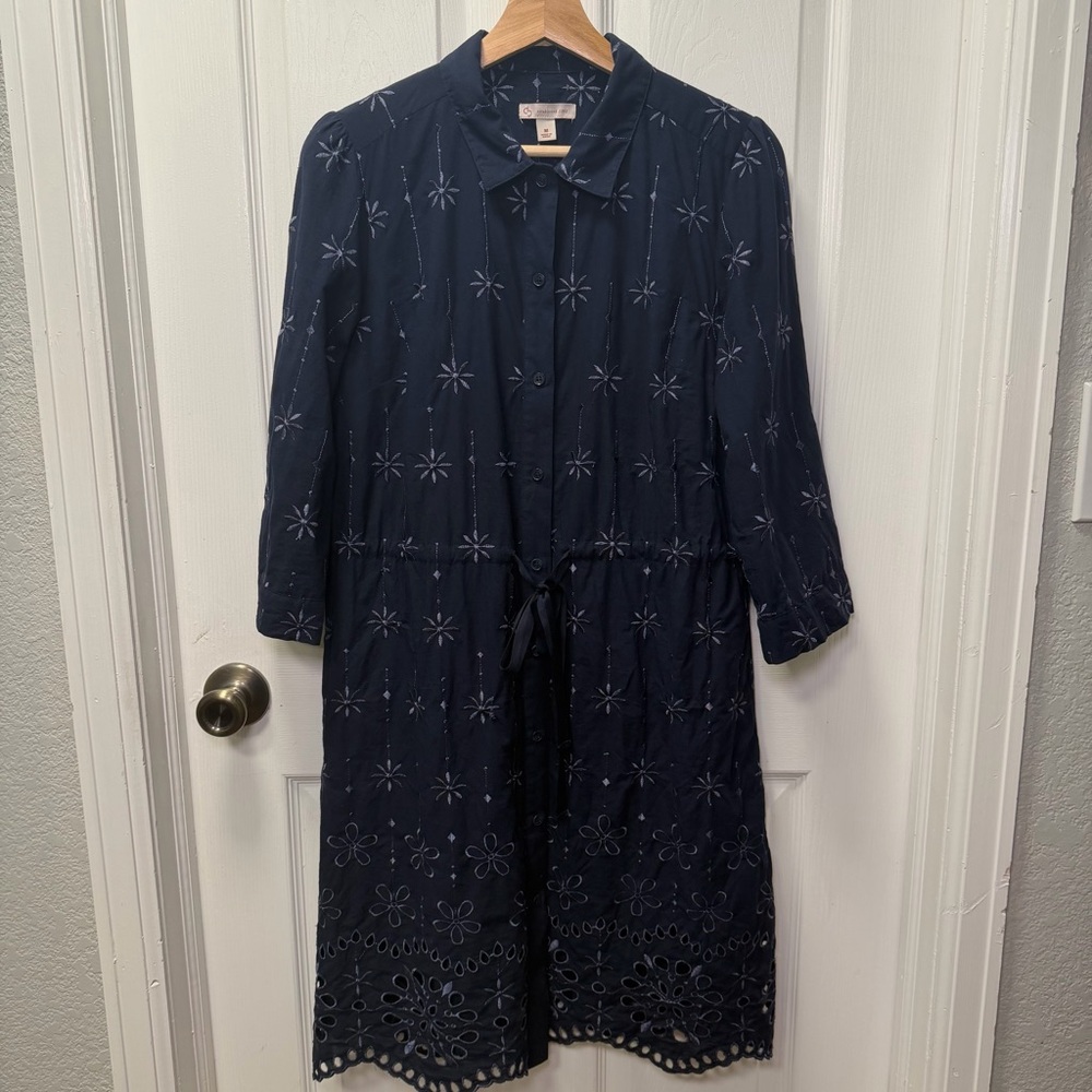 CB Navy Blue Embroidered Button-Front Shirt Dress Tie Waist Medium, 3/4 Sleeves
